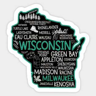 Milwaukee Wisconsin cute map, Osseo, Green Bay, Kenosha, Racine, Appleton, Waukesha, Eau Claire, Oshkosh, Janesville Sticker